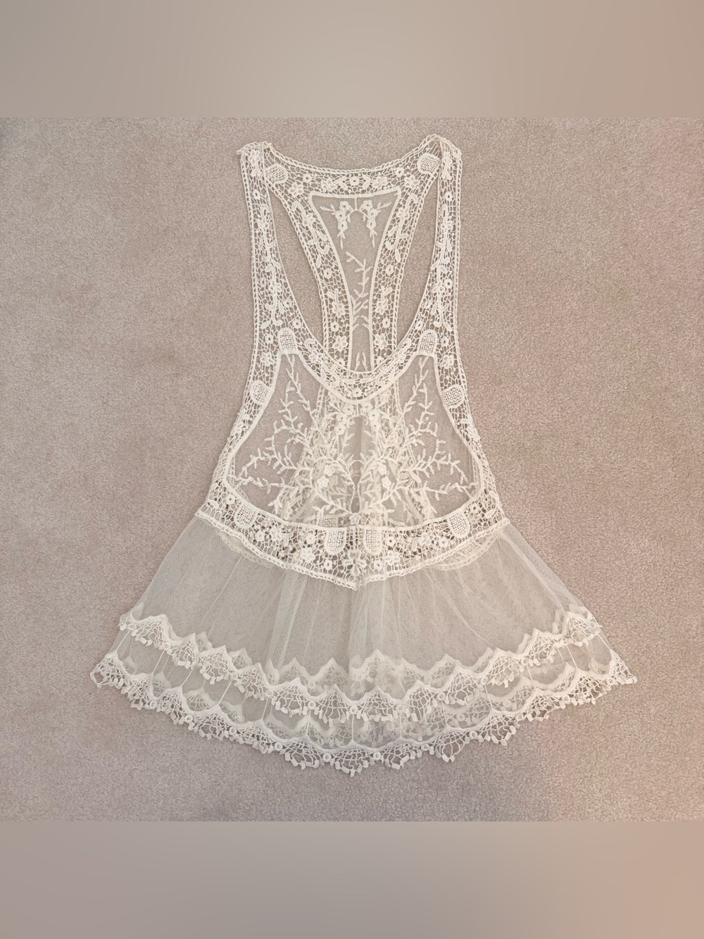 Cream White Lace Crochet Knit Racerback Tank Cami Mini Dress Fairy Boho Fantasy